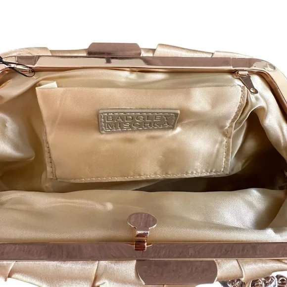 New Badgley Mischka Gold Satin Clutch w/ Pearl Flowers NWT Retail $179 - Picture 9 of 12